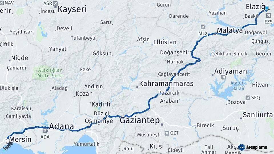 Elazığ Mersin Arası Kaç Km - Yol Haritası