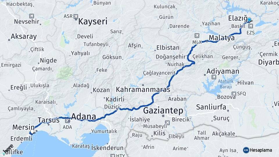 Elazığ Mezitli Mersin Arası Kaç Km - Yol Haritası