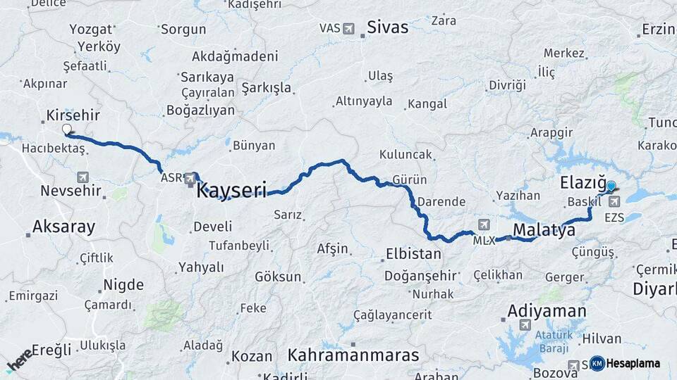 Elazığ Mucur Kırşehir Arası Kaç Km - Yol Haritası