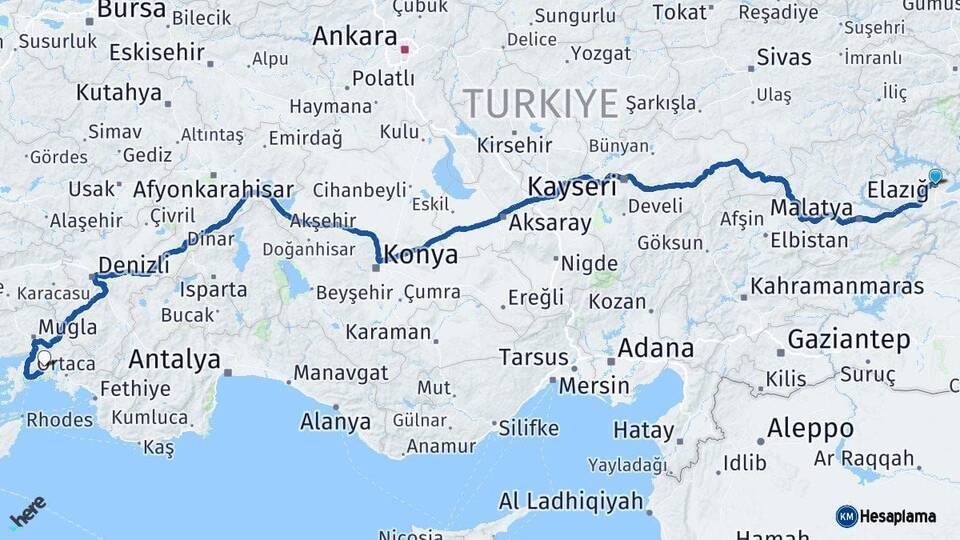 Elazığ Muğla Arası Kaç Km - Yol Haritası