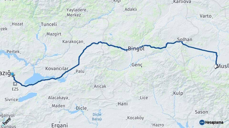 Elazığ Muş Arası Kaç Km - Yol Haritası