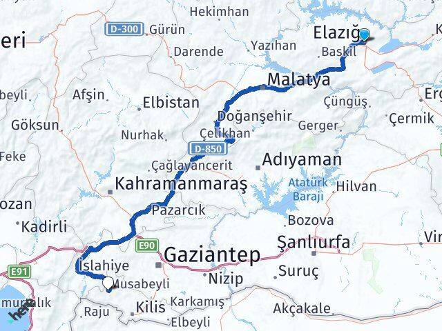 Elazığ Musabeyli Kilis Arası Kaç Km - Yol Haritası