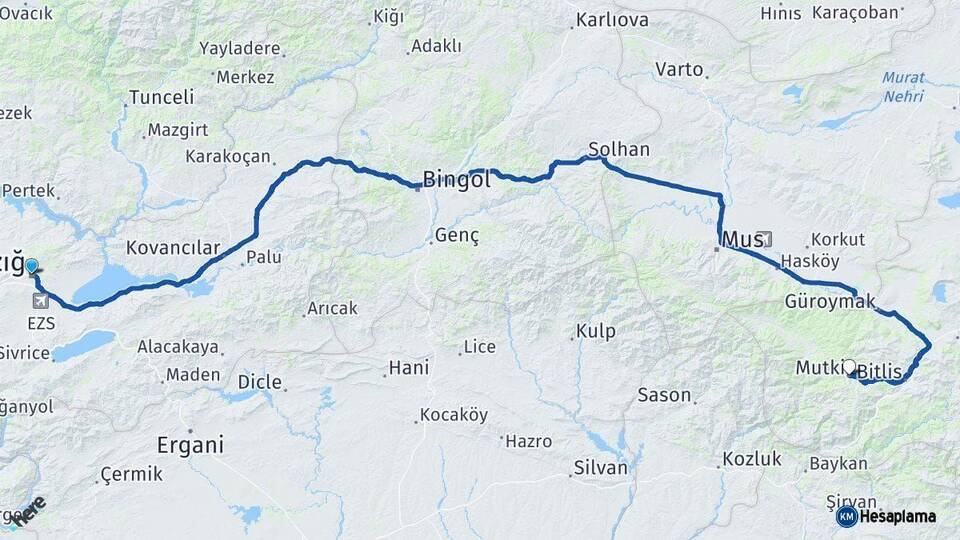 Elazığ Mutki Bitlis Arası Kaç Km - Yol Haritası