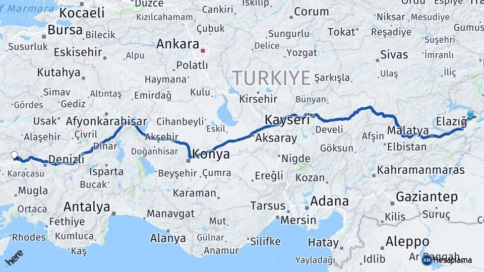 Elazığ Nazilli Aydın Arası Kaç Km - Yol Haritası