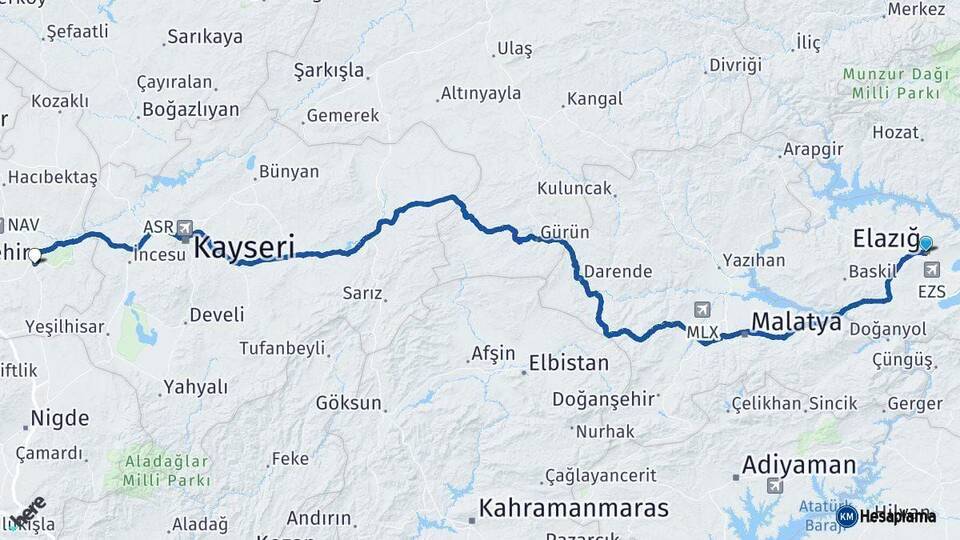 Elazığ Nevşehir Arası Kaç Km - Yol Haritası