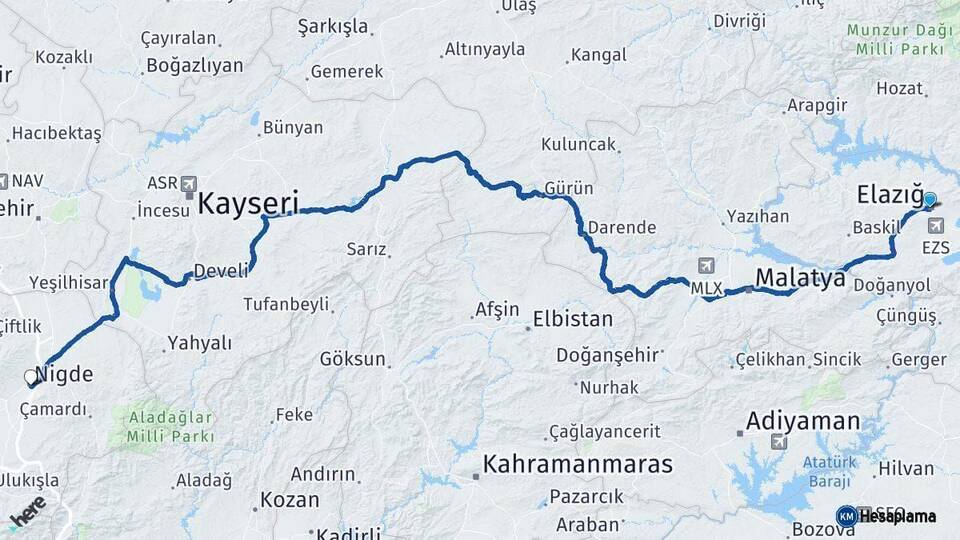 Elazığ Niğde Arası Kaç Km - Yol Haritası