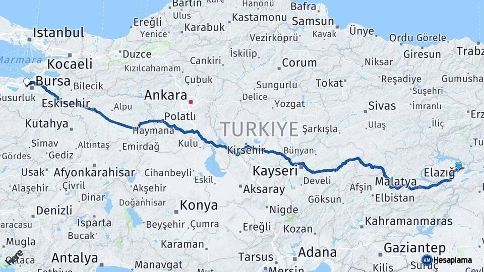 Elazığ Nilüfer Bursa Arası Kaç Km - Yol Haritası