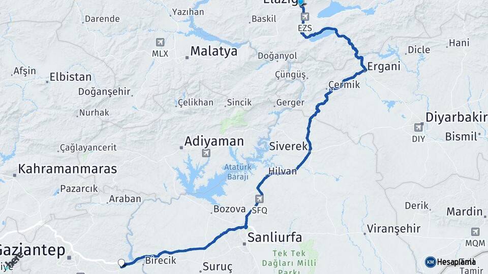 Elazığ Nizip Gaziantep Arası Kaç Km - Yol Haritası