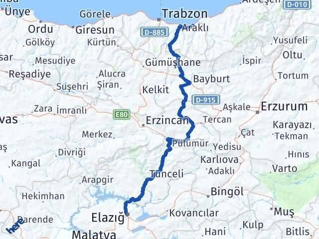 Elazığ Of Trabzon Arası Kaç Km - Yol Haritası