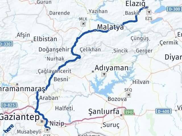 Elazığ Oğuzeli Gaziantep Arası Kaç Km - Yol Haritası