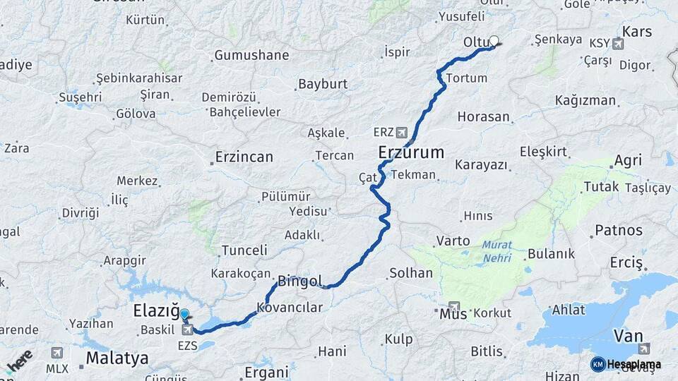 Elazığ Oltu Erzurum Arası Kaç Km - Yol Haritası