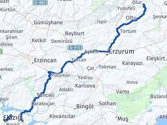 Elazığ Olur Erzurum Arası Kaç Km - Yol Haritası