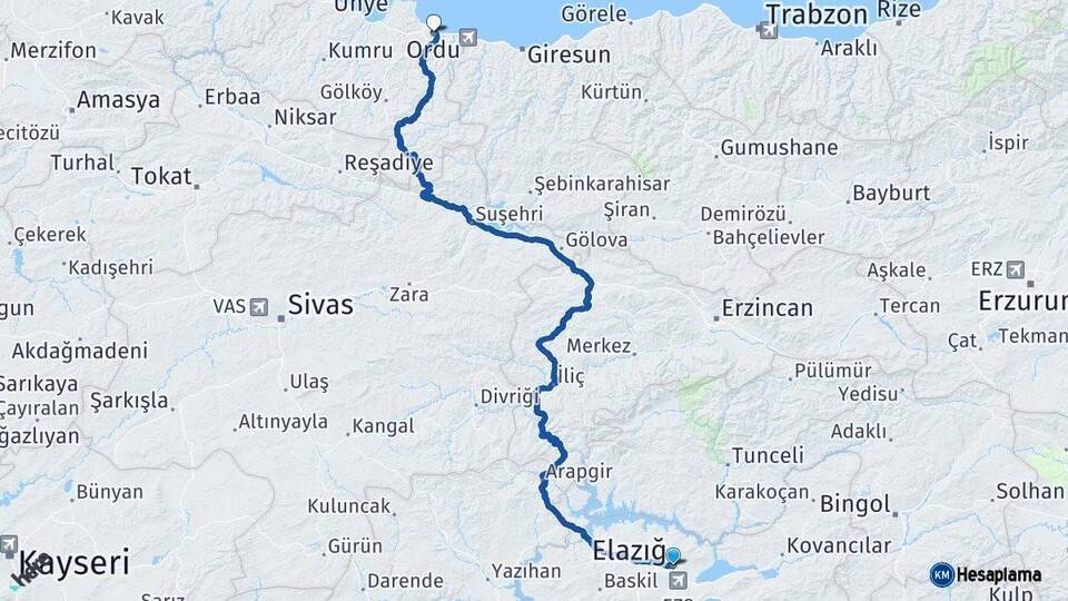 Elazığ Ordu Arası Kaç Km - Yol Haritası