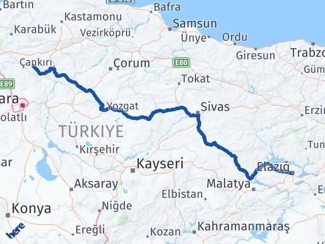 Elazığ Orta Çankırı Arası Kaç Km - Yol Haritası