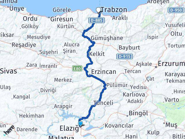 Elazığ Ortahisar Trabzon Arası Kaç Km - Yol Haritası