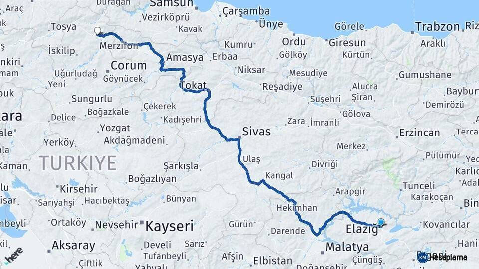 Elazığ Osmancık Çorum Arası Kaç Km - Yol Haritası