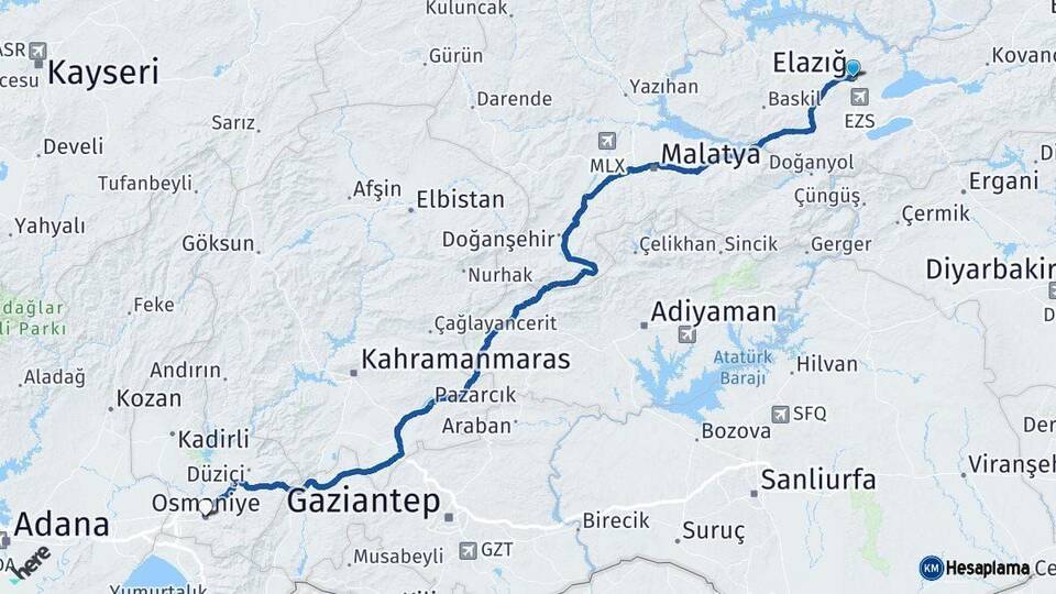 Elazığ Osmaniye Arası Kaç Km - Yol Haritası