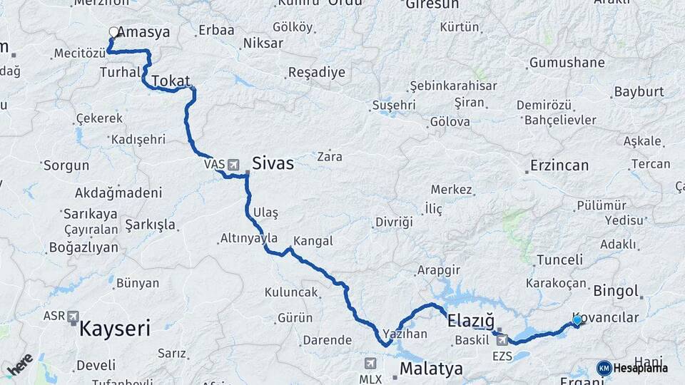 Elazığ Palu Amasya Arası Kaç Km - Yol Haritası