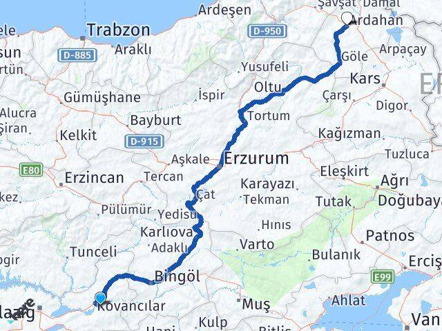 Elazığ Palu Ardahan Arası Kaç Km - Yol Haritası