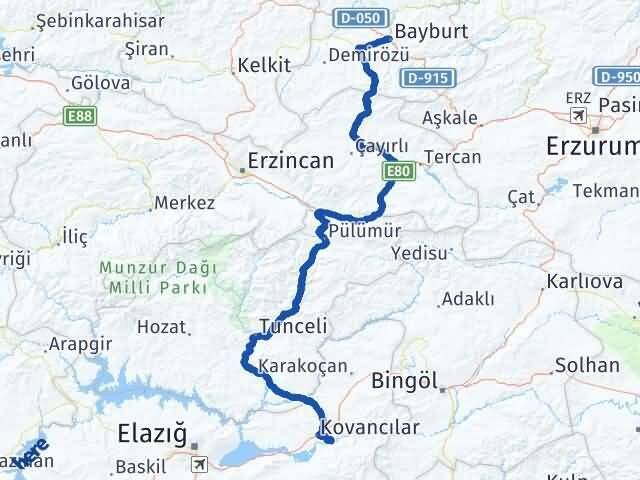 Elazığ Palu Bayburt Arası Kaç Km - Yol Haritası