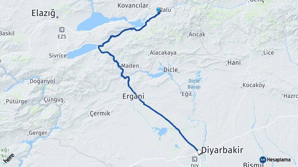 Elazığ Palu Diyarbakır Arası Kaç Km - Yol Haritası
