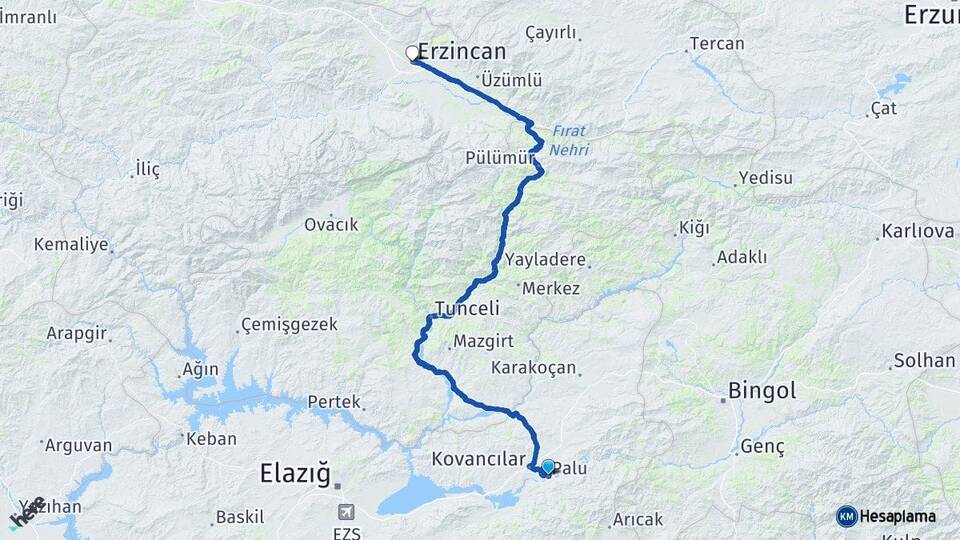 Elazığ Palu Erzincan Arası Kaç Km - Yol Haritası