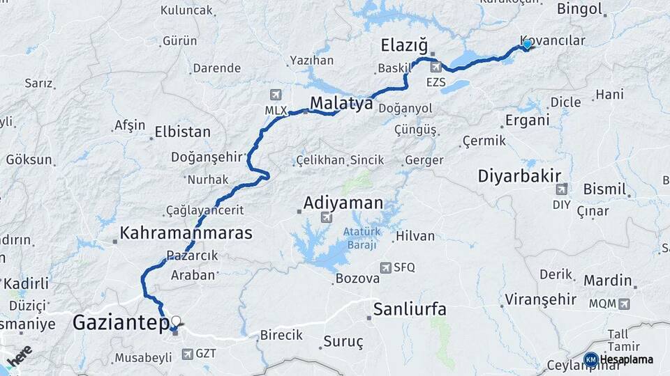 Elazığ Palu Gaziantep Arası Kaç Km - Yol Haritası