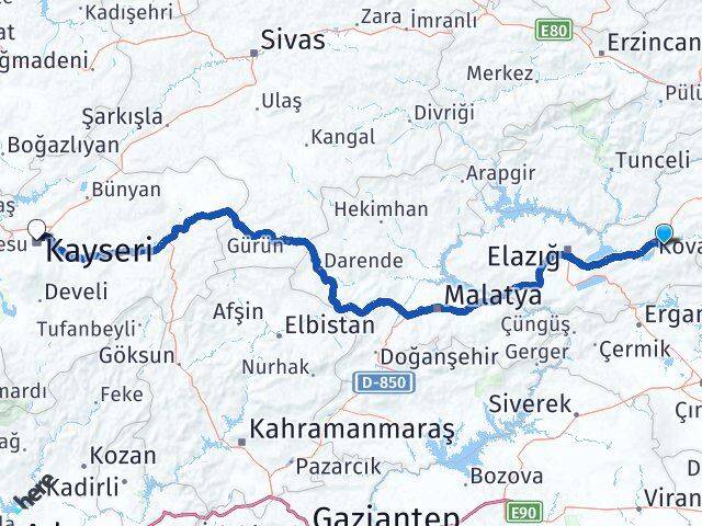 Elazığ Palu Kayseri Arası Kaç Km - Yol Haritası
