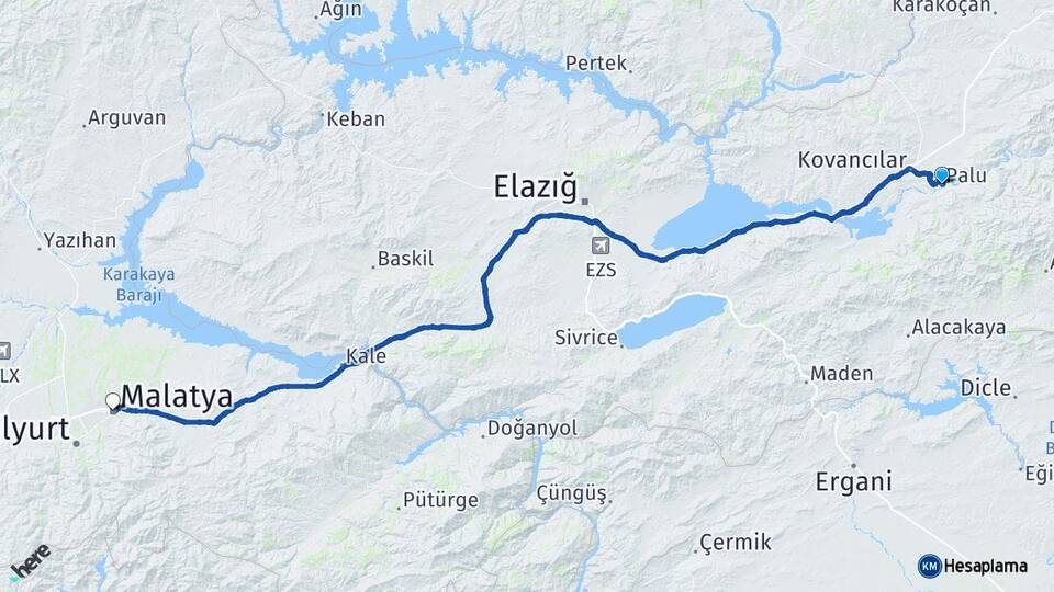Elazığ Palu Malatya Arası Kaç Km - Yol Haritası