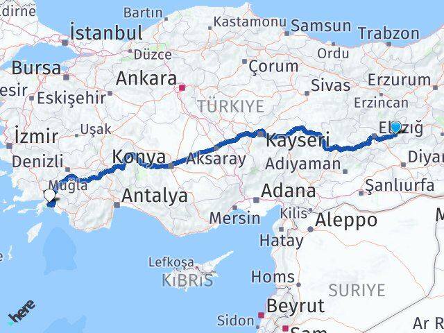 Elazığ Palu Muğla Arası Kaç Km - Yol Haritası