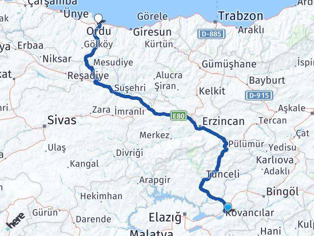 Elazığ Palu Ordu Arası Kaç Km - Yol Haritası