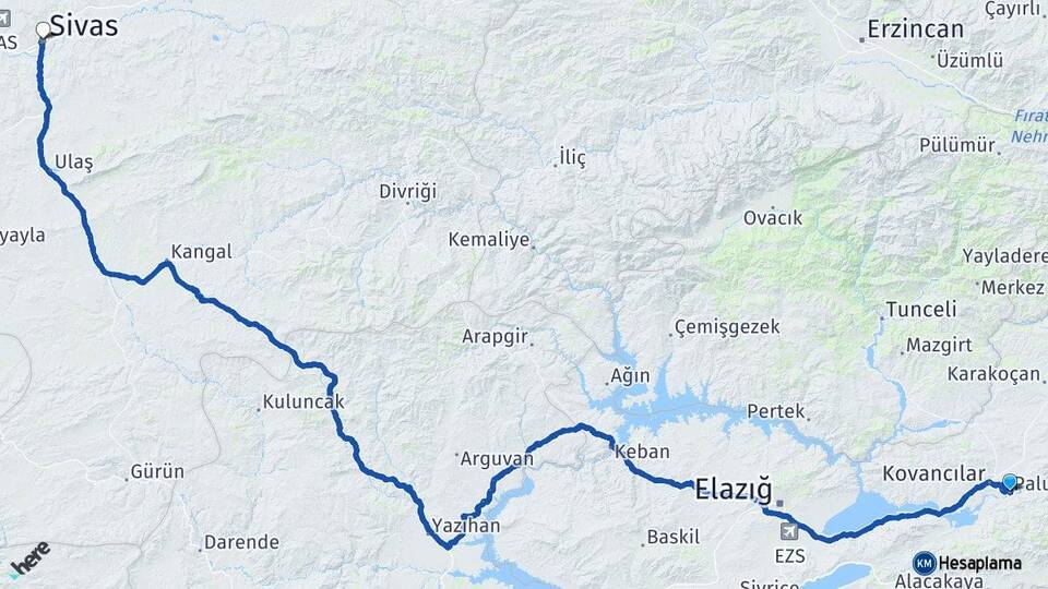 Elazığ Palu Sivas Arası Kaç Km - Yol Haritası