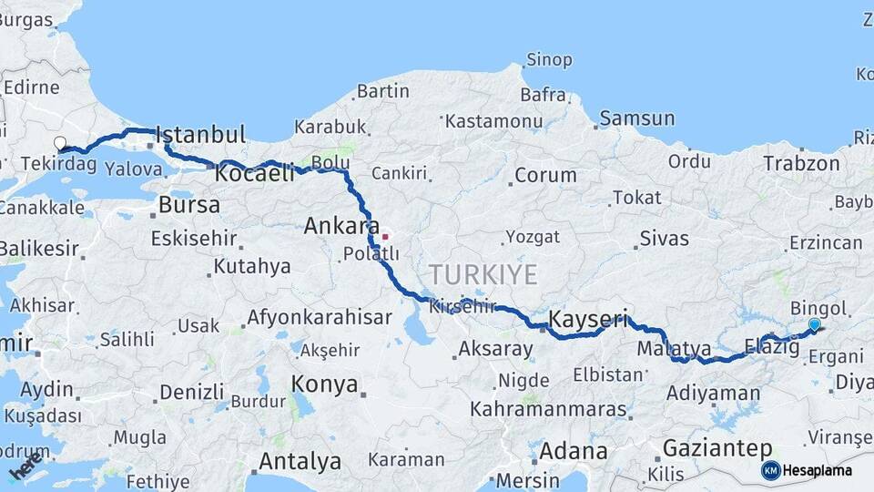 Elazığ Palu Tekirdağ Arası Kaç Km - Yol Haritası