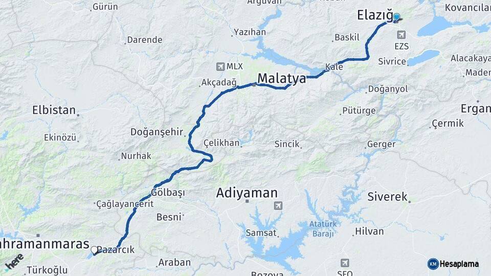 Elazığ Pazarcık Kahramanmaraş Arası Kaç Km - Yol Haritası