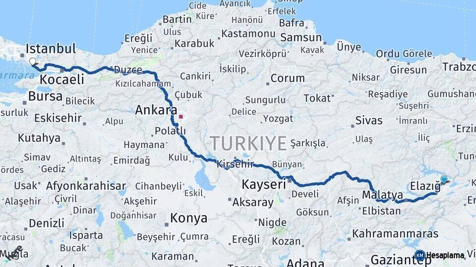 Elazığ Pendik İstanbul Arası Kaç Km - Yol Haritası