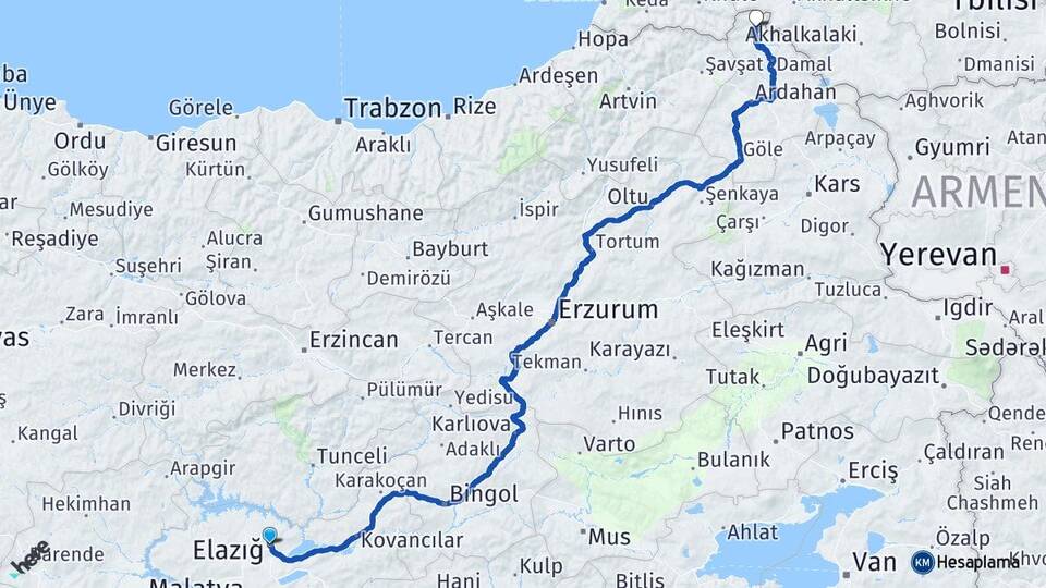 Elazığ Posof Ardahan Arası Kaç Km - Yol Haritası