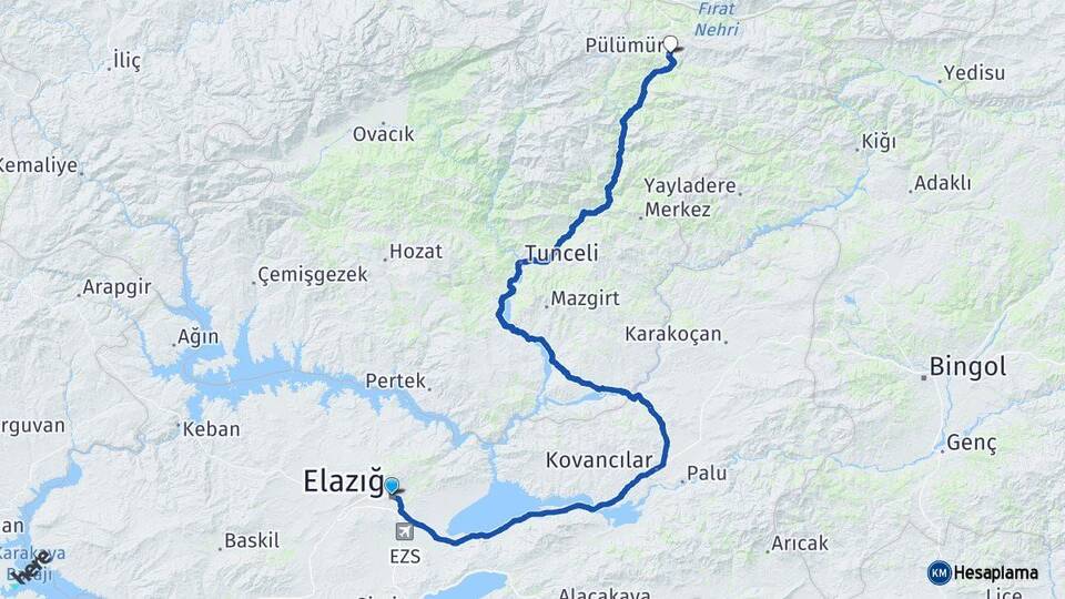 Elazığ Pülümür Tunceli Arası Kaç Km - Yol Haritası