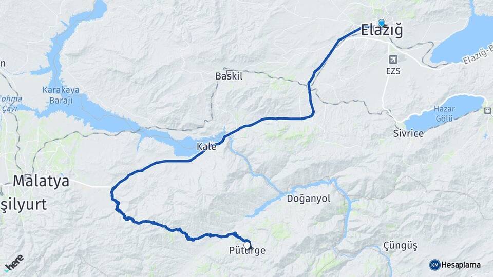 Elazığ Pütürge Malatya Arası Kaç Km - Yol Haritası