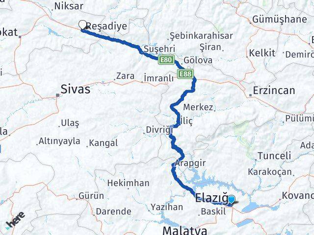 Elazığ Reşadiye Arası Kaç Km - Yol Tarifi