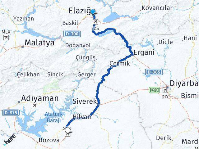 Elazığ Ş.Urfa GAP Havalimanı Arası Kaç Km - Yol Haritası
