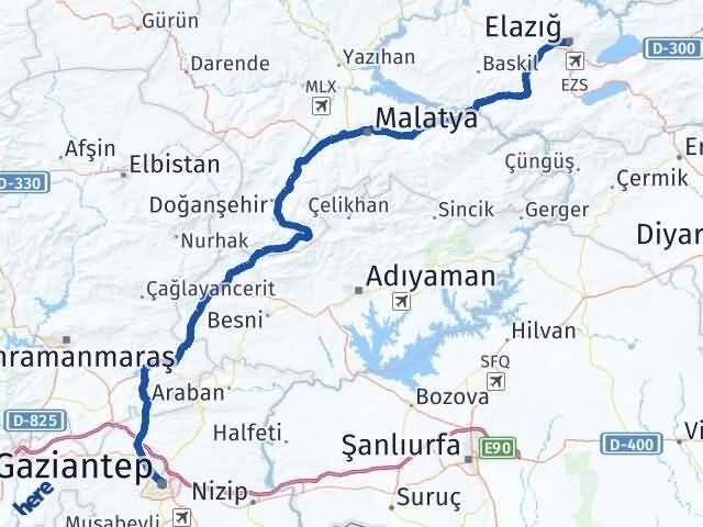 Elazığ Şahinbey Gaziantep Arası Kaç Km - Yol Haritası