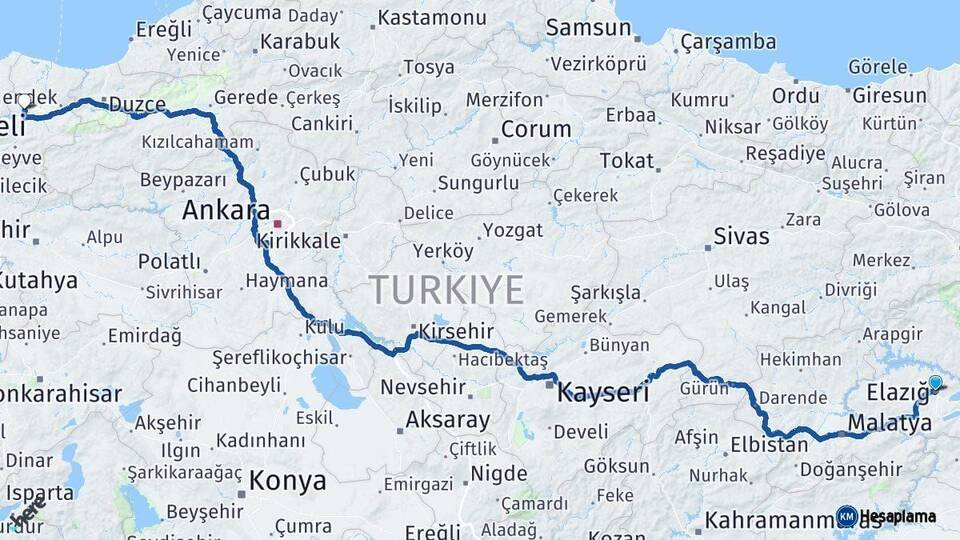 Elazığ Sakarya Arası Kaç Km - Yol Haritası
