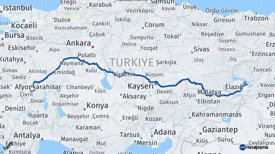 Elazığ Sandıklı Afyonkarahisar Arası Kaç Km - Yol Haritası