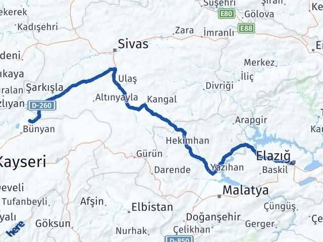Elazığ Sarıoğlan Kayseri Arası Kaç Km - Yol Haritası