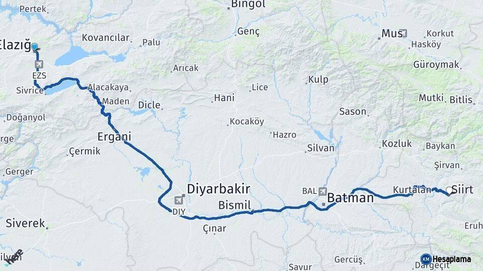 Elazığ Siirt Arası Kaç Km - Yol Haritası
