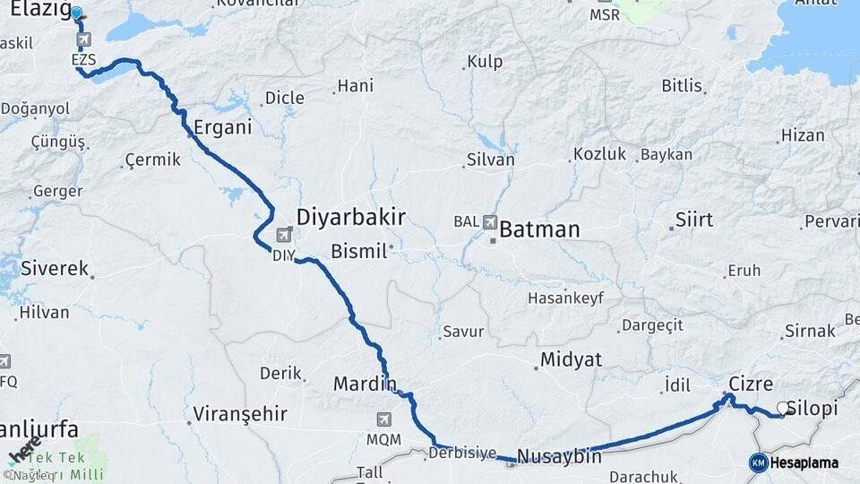 Elazığ Silopi Şırnak Arası Kaç Km - Yol Haritası