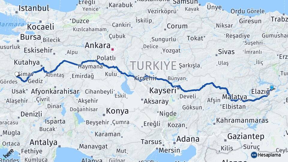 Elazığ Simav Kütahya Arası Kaç Km - Yol Haritası
