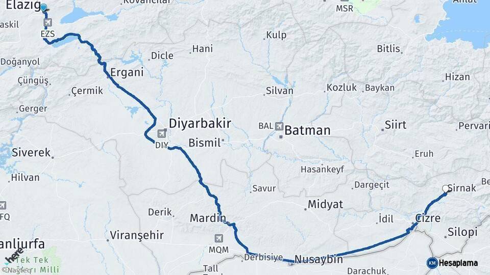Elazığ Şırnak Arası Kaç Km - Yol Haritası