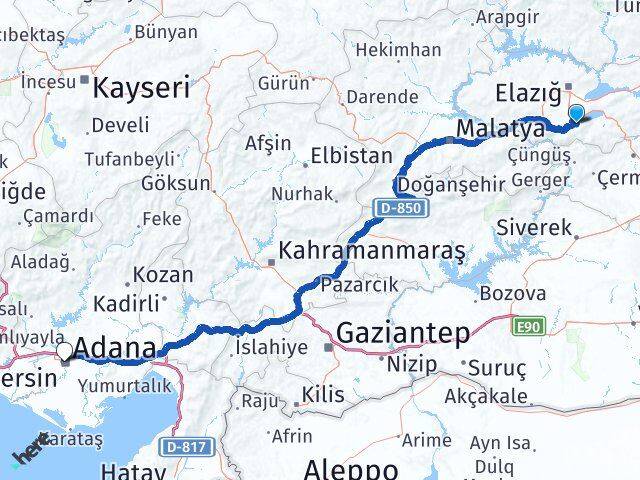 Elazığ Sivrice Adana Arası Kaç Km - Yol Haritası