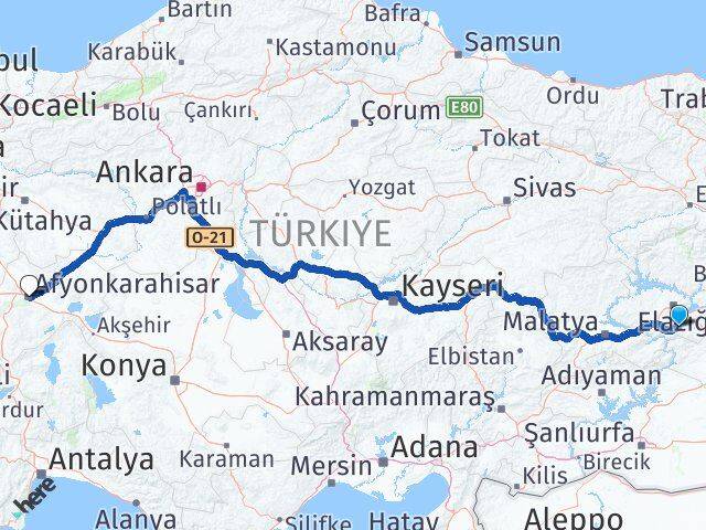 Elazığ Sivrice Afyonkarahisar Arası Kaç Km - Yol Haritası